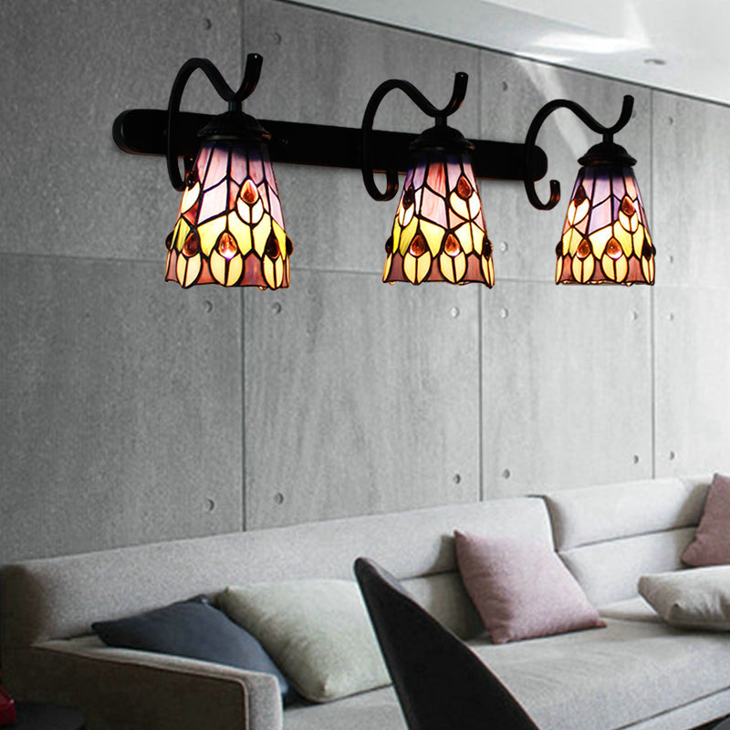 Tiffany Stained Glass Cone Sconce Wall Light With Peacock And Flower Design