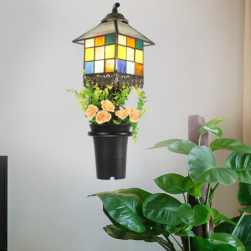 Baroque Stained Glass Wall Sconce With Flower Decoration - Clear/Blue Light Clear