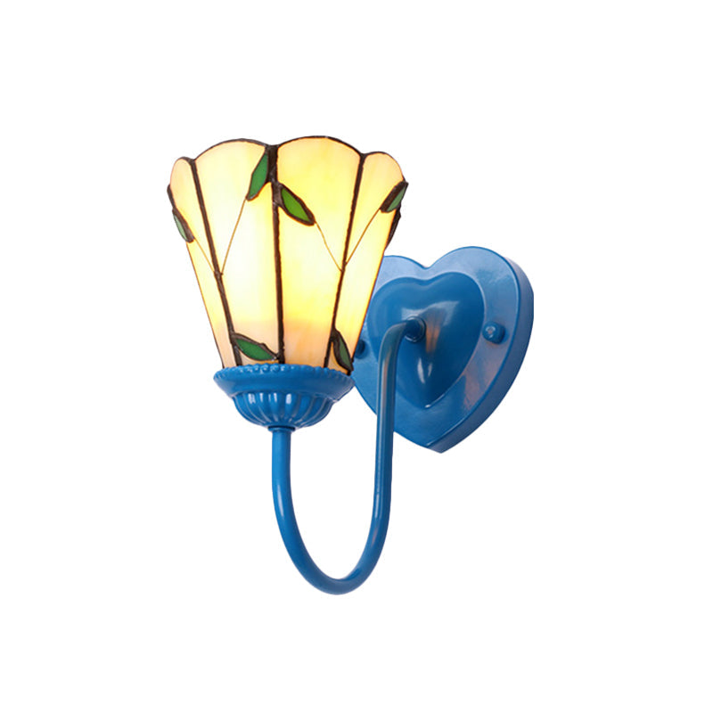 Lily Beige Tiffany Glass Wall Light Fixture - 1-Head White/Blue/Antique Brass Sconce For Bedroom