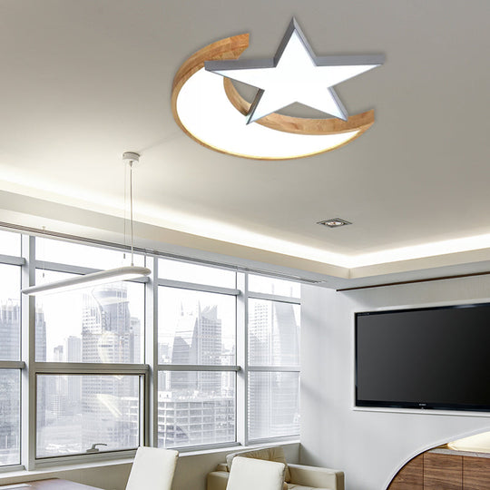Nordic-Style Wood Star Moon Ceiling Mount Light For Nursing Room And Bedroom