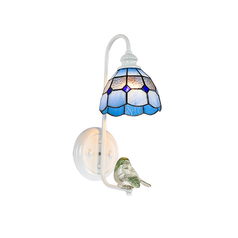 Mediterranean Blue-White Bedroom Wall Light With Stained Glass Shade