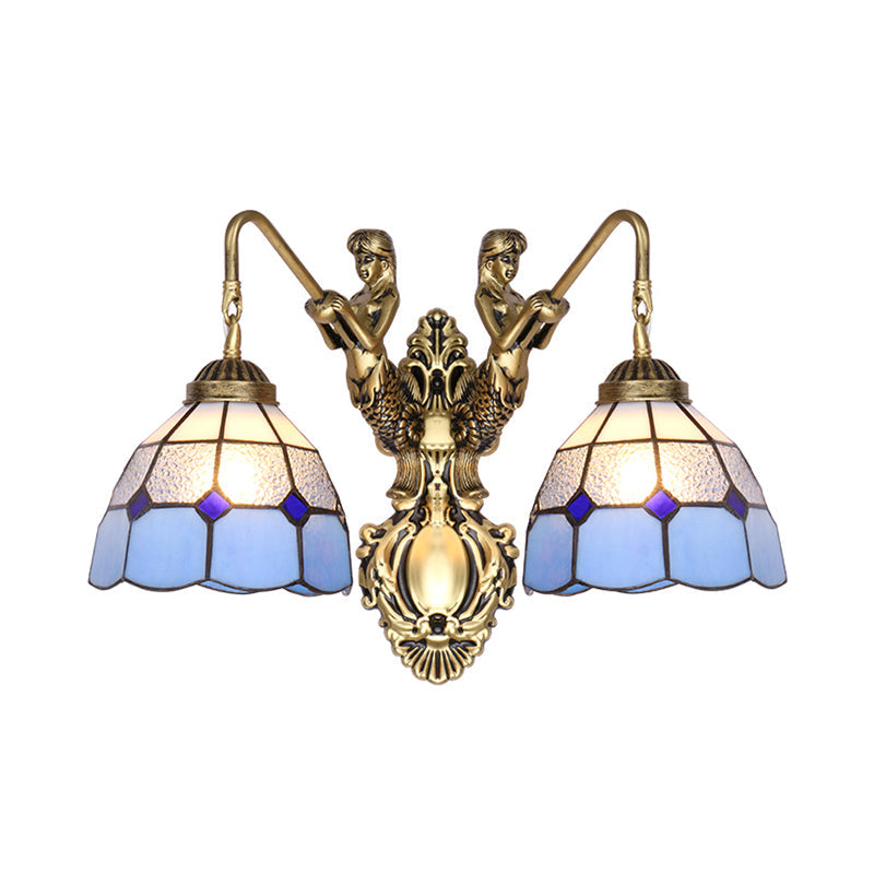 Mermaid Tiffany Wall Sconce - Blue Glass Brass Dome Light Fixture With 2 Heads