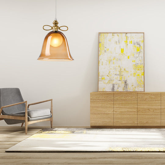 1-Light Bell Glass Pendant Ceiling Light In Simplicity Brown