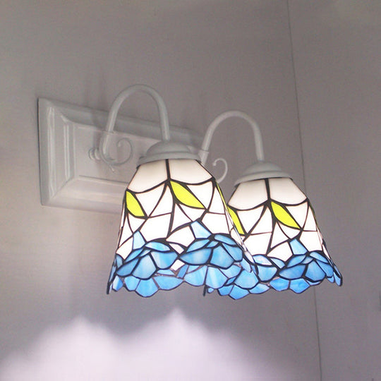 Flared Tiffany Blue Stained Glass Sconce Light With 2 Heads: Perfect For Bedroom