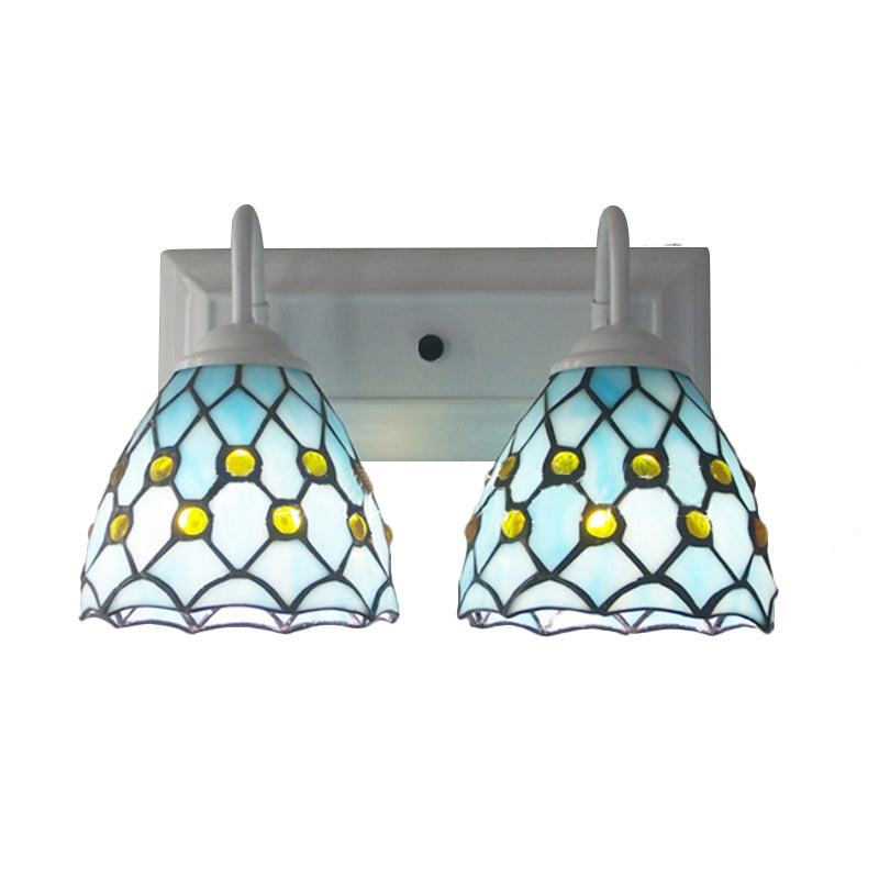 Sky Blue/Blue Tiffany Style Stained Glass Wall Sconce With 2 Lights - Ideal For Bedroom