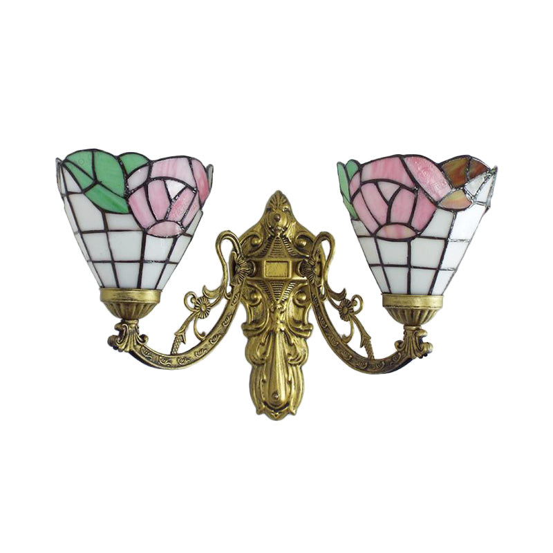 Rustic Stained Glass Wall Light - 2 Lights Orange/Pink/Blue/Beige Library & Living Room Sconce