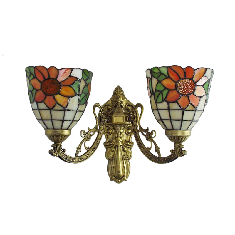 Sunflower Stained Glass Sconce: 2-Light Lodge Tiffany Wall Lamp In Green/Beige For Living Room