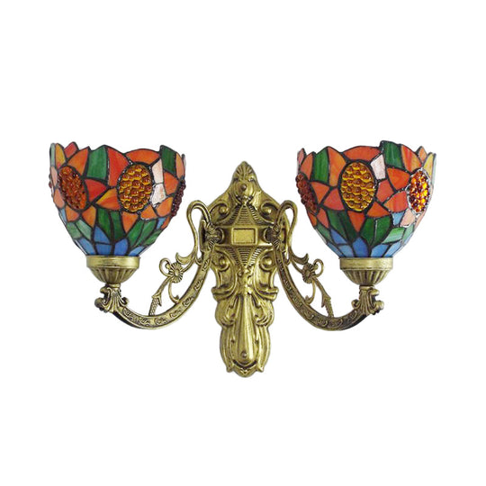Sunflower Stained Glass Sconce: 2-Light Lodge Tiffany Wall Lamp In Green/Beige For Living Room