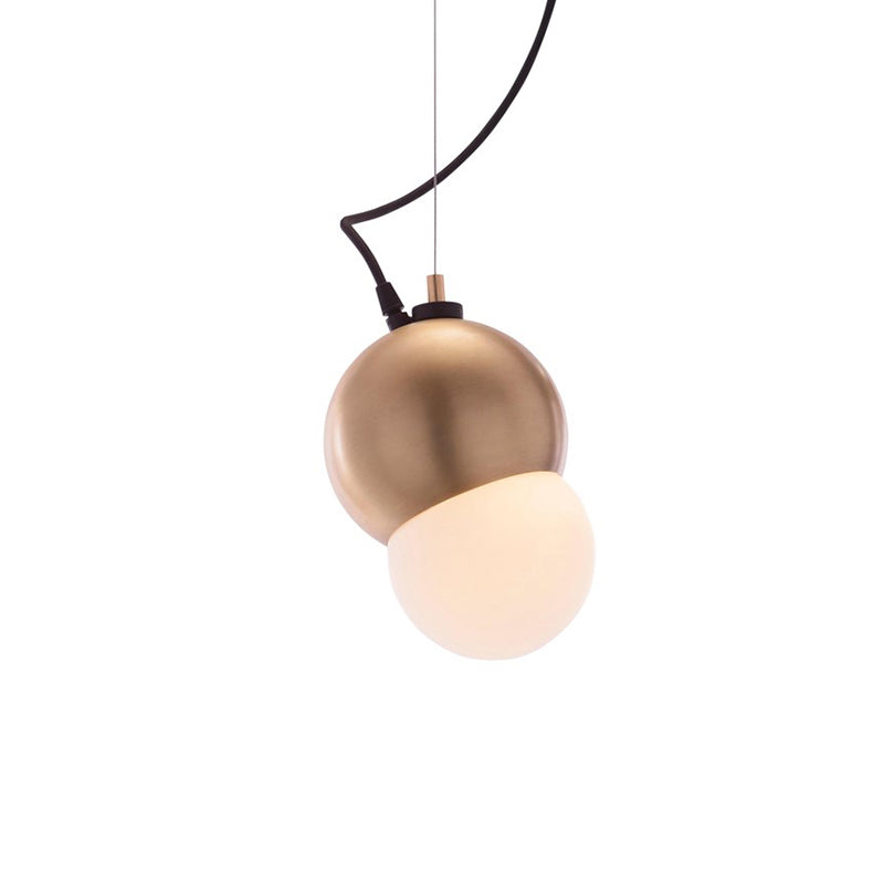 Modernist Metal Domed Hanging Pendant Light With Golden Finish And White Glass Shade