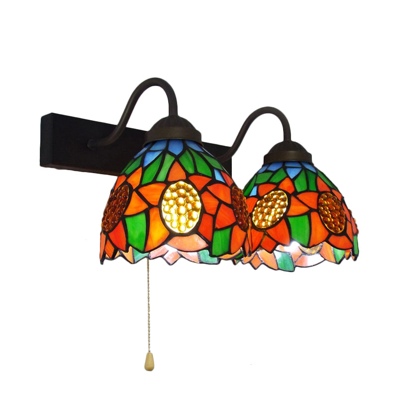 Baroque Orange Glass Dome Wall Sconce Light With Pull Chain - 1 Head Black Fixture