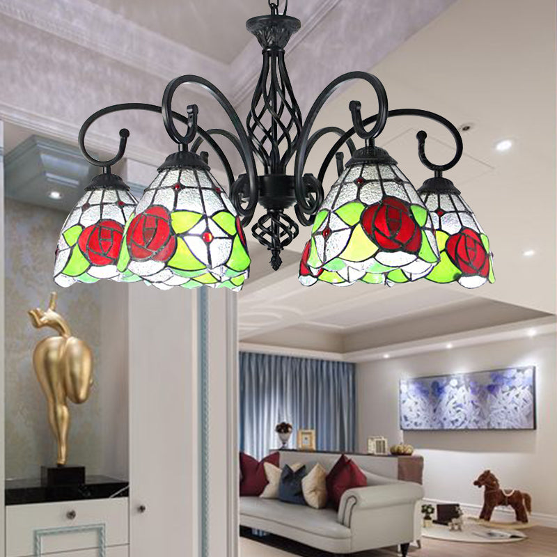 Tiffany Rose Chandelier Pendant Light - 6-Light Stained Glass Red-Indoor Lighting For Living Room