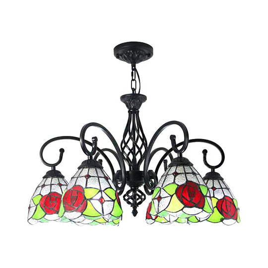 Tiffany Rose Chandelier Pendant Light - 6-Light Stained Glass Red-Indoor Lighting For Living Room