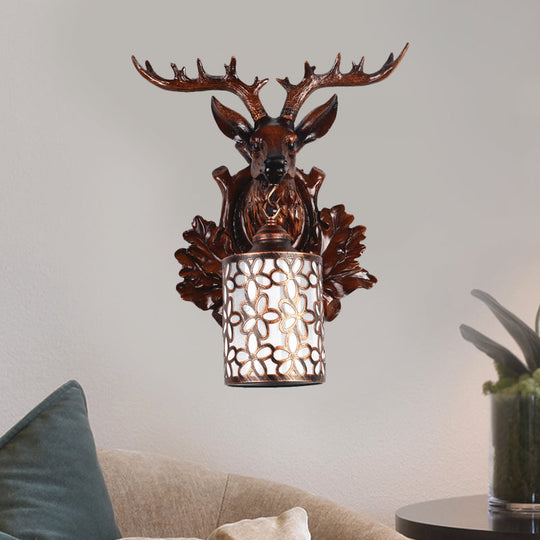 Rustic Resin Sika Deer Wall Lamp With Flower Patterned Glass Shade - Brown/White 1 Head Sconce