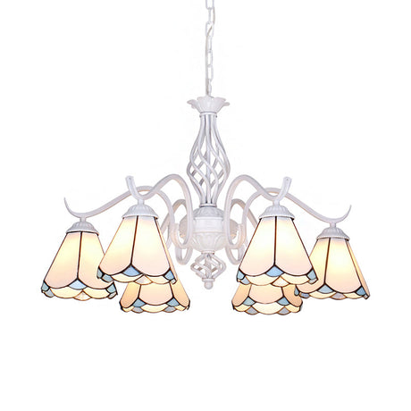 Blue/White Stained Glass Cone Ceiling Chandelier With Traditional White Finish - Multi-Light Pendant