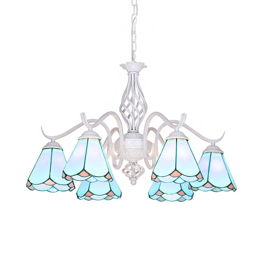 Traditional Stained Glass Pendant Chandelier With White Cone Finish In Blue/White