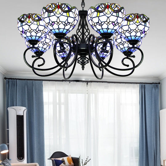Baroque Chandelier Light: Blue/Brown Glass Bowl Shade Black Finish - Elegant Foyer Ceiling Pendant