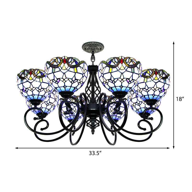 Baroque Chandelier Light: Blue/Brown Glass Bowl Shade Black Finish - Elegant Foyer Ceiling Pendant