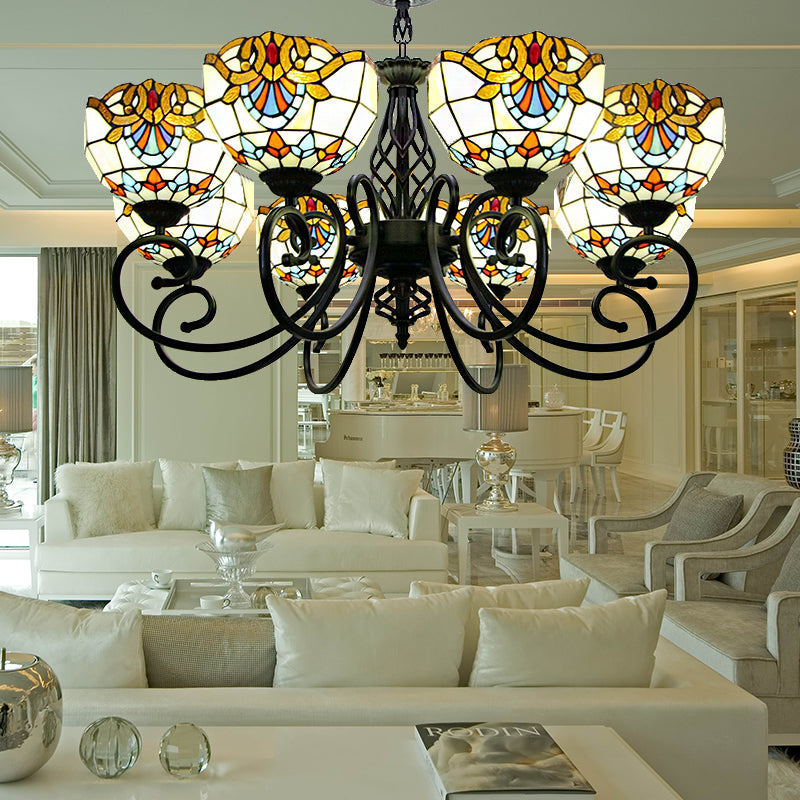 Blue/Brown Glass Baroque Chandelier With Bowl Shade And Black Finish For Foyer Ceiling Brown