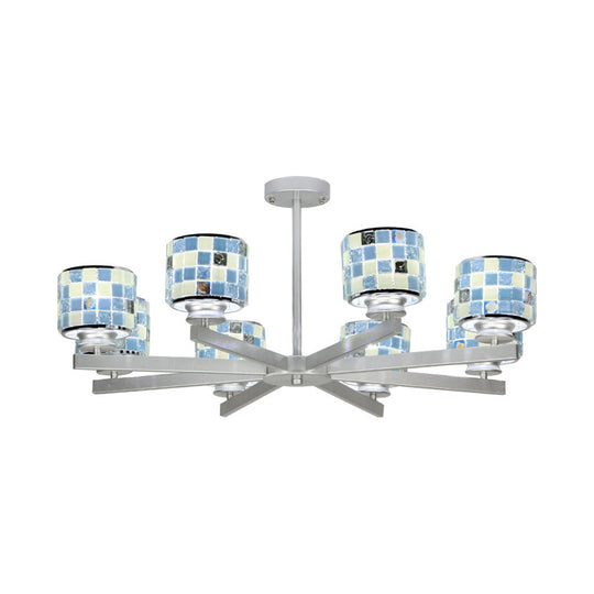 Modern Glass Drum Indoor Chandelier - Blue/Yellow Mosaic Design 8 Lights Ideal For Living Room