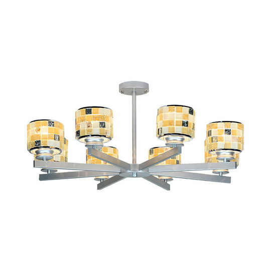 Modern Glass Mosaic Drum Chandelier - 8-Light Indoor Lighting Fixture In Blue/Yellow For Living Room