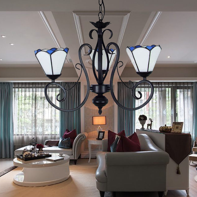 Tiffany Pendant Light With Adjustable Chain And 3 White Glass Cone Shades