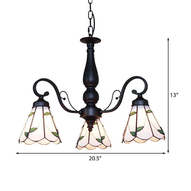 Adjustable Stained Glass Cone Chandelier With Traditional Pendant Light - 3 Lights And Rhombus/Leaf