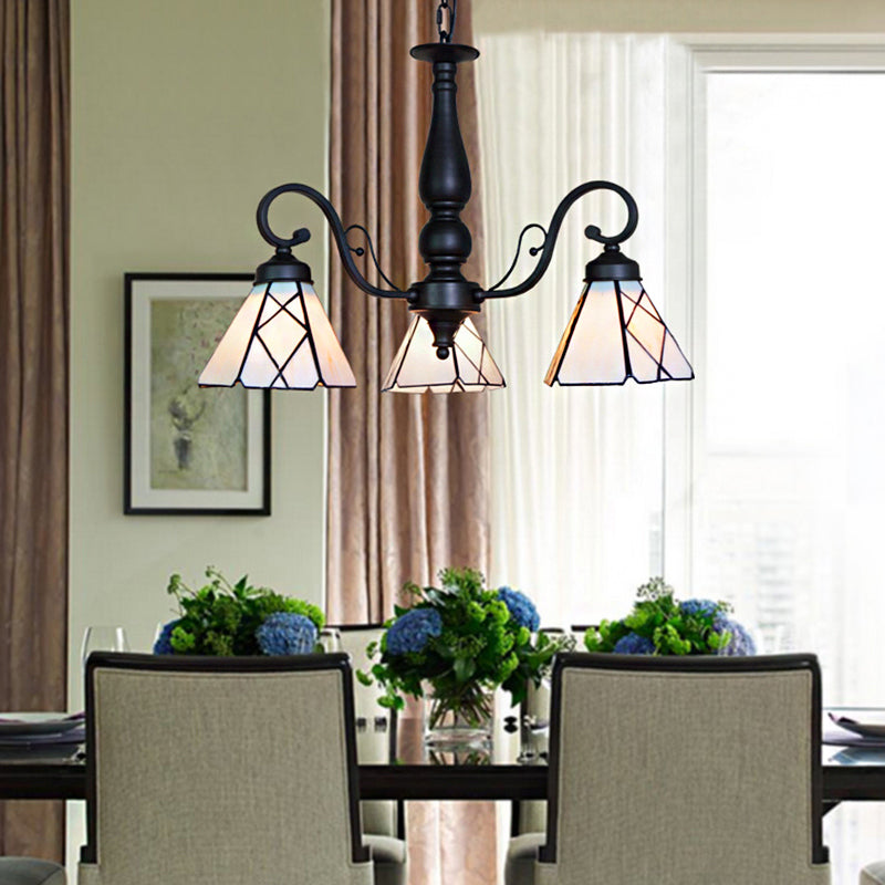 Adjustable Chain Stained Glass Cone Chandelier Lamp - Traditional Pendant Light With Rhombus/Leaf In