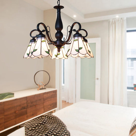 Rustic Cone Pendant Light With Gooseneck Rhombus/Leaf Pattern - 5 Lights Stained Glass Chandelier