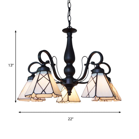 Rustic Stained Glass Pendant Chandelier With Gooseneck And Rhombus/Leaf Pattern - 5-Light Beige
