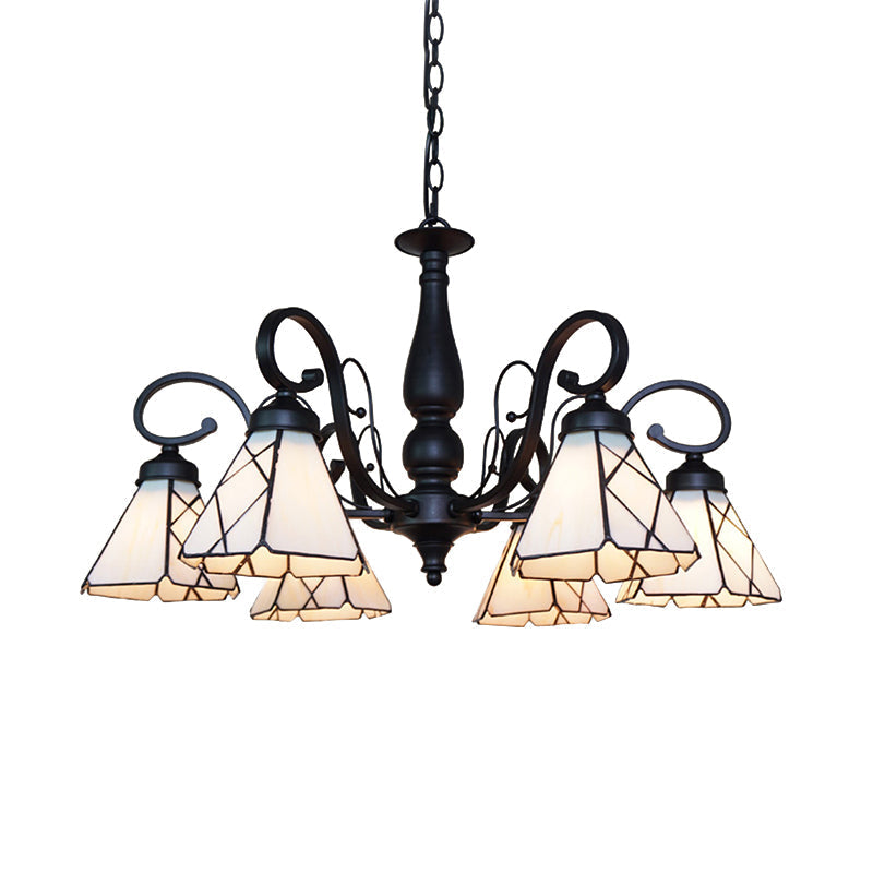 Vintage Indoor Lighting: Multi Light Cone Chandelier With Rhombus/Leaf Pattern Beige Glass For
