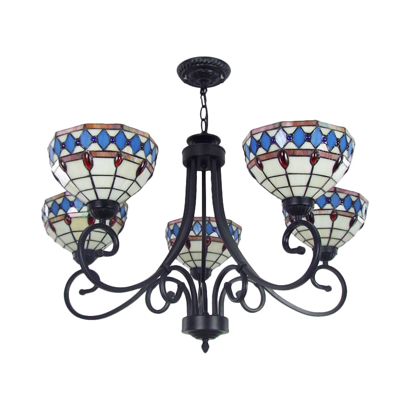 Beige Baroque Pendant Chandelier - Colorful Glass Bowl With Hanging Chain 5 Lights