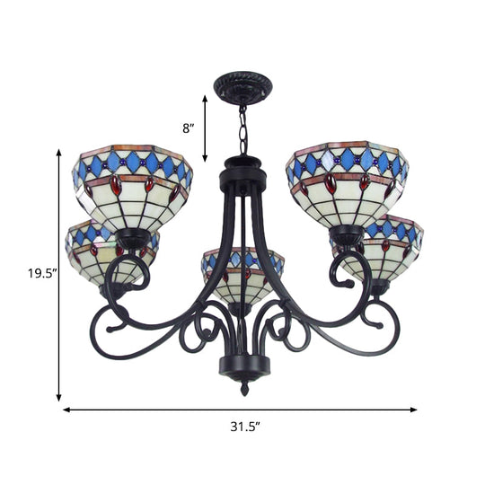 Beige Baroque Pendant Chandelier - Colorful Glass Bowl With Hanging Chain 5 Lights
