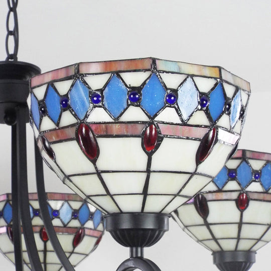 Beige Baroque Pendant Chandelier - Colorful Glass Bowl With Hanging Chain 5 Lights