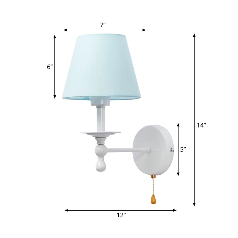 Modern Blue Fabric Tapered Shade Wall Light With Pull Chain - Dining Room Sconce