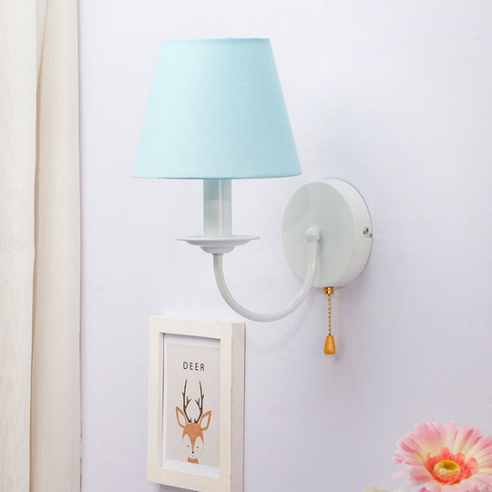 Modern Blue Fabric Tapered Shade Wall Light With Pull Chain - Dining Room Sconce / Arc