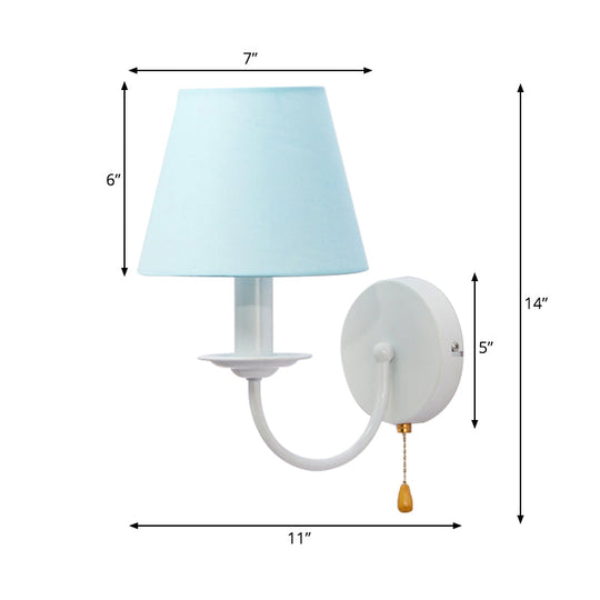 Modern Blue Fabric Tapered Shade Wall Light With Pull Chain - Dining Room Sconce