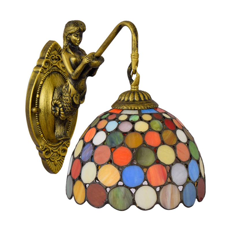 Vintage Brass Tiffany Stained Glass Wall Sconce With Multicolor Dome Light