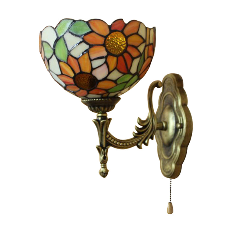 Rustic Tiffany Stained Glass Sunflower Wall Lamp In Orange 1 Light Sconce For Libraries