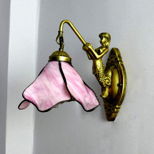 Tiffany Blue/Clear/Pink Glass Sconce Light Fixture With Mermaid Backplate - Petal Wall Mount