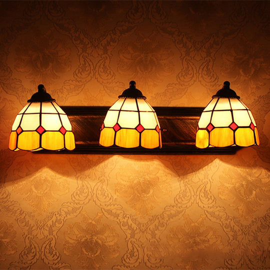 Grid Pattern Tiffany Orange & White Glass Wall Mount Sconce Light With 3 Bronze Heads