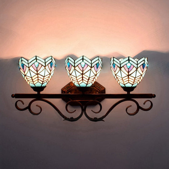 Peacock Stained Glass Wall Sconce: Classic Tiffany Style 3 Lights Pink/Orange/Blue - Bedroom
