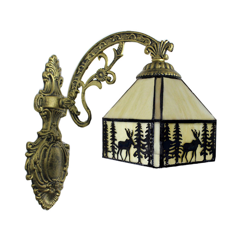 Rustic Forest Deer Wall Light With Lodge Shade - 1 Tiffany Sconce In Beige Ideal For Hotels