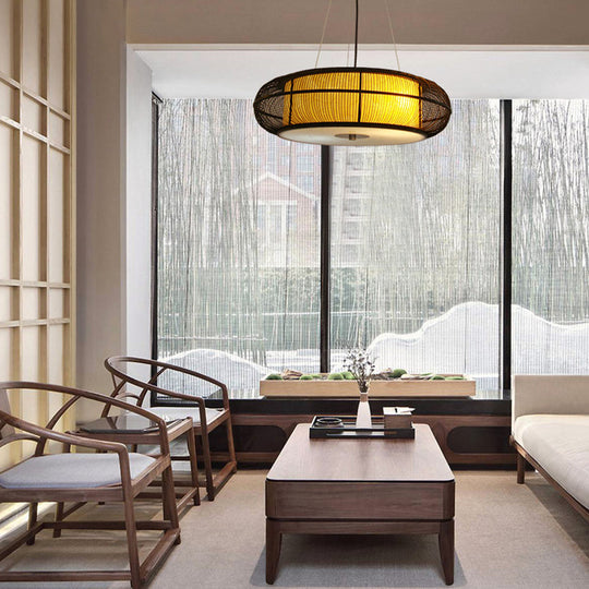 Modern 3-Head Bamboo Pendant Light With Stylish Drum Shade For Dining Room Ceiling (Black/Wood)