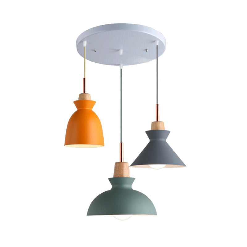 Modern 3-Light Metal Pendant With Multi-Color Cones And Domes Hanging From Linear/Round Canopy -