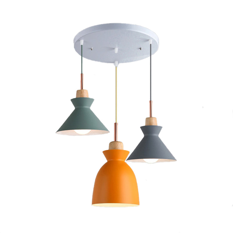 Modern Multi-Color Cone And Dome Pendant Light With 3 Metal Lights - Linear/Round Canopy