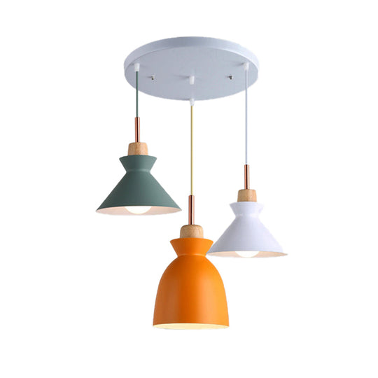 Modern Multi-Color Cone And Dome Pendant Light With 3 Metal Lights - Linear/Round Canopy