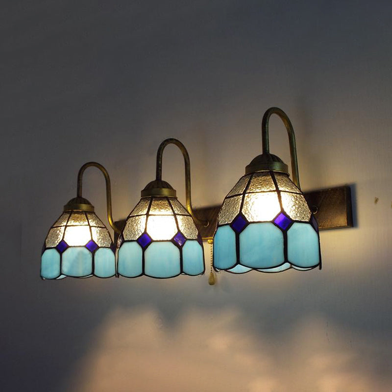 Mediterranean Dome Wall Light Fixture - 3 Blue Dimple Glass Sconce Heads For Bathroom