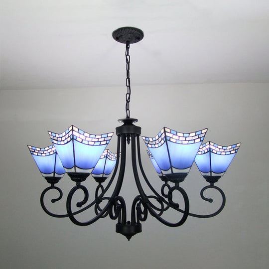Nautical Cone Chandelier Lamp: Stained Glass Pendant Lighting In Sky Blue/Blue - 6 Lights