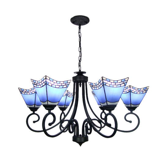 Nautical Cone Chandelier Lamp: Stained Glass Pendant Lighting In Sky Blue/Blue - 6 Lights