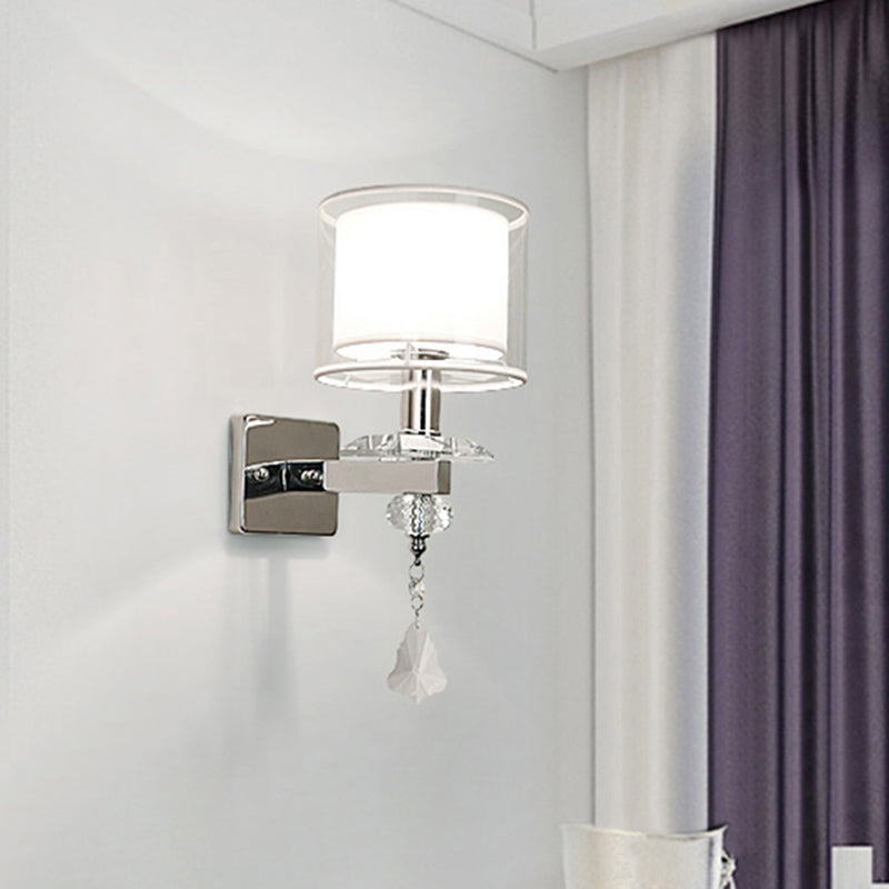 Contemporary Double Glass Cylinder Wall Lamp With Crystal Accent In Chrome: Brilliant 1-Light
